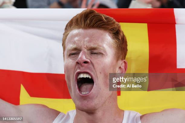 Alastair Chalmers of Team Guernsey celebrates after winning the bronze medal in the Men's 400m Hurdles Final on day nine of the Birmingham 2022...