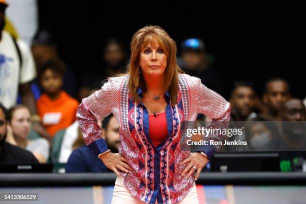 Head coach Nancy Lieberman of the Power looks on during a game against the Aliens during BIG3 Week Eight at Comerica Center on August 06, 2022 in...