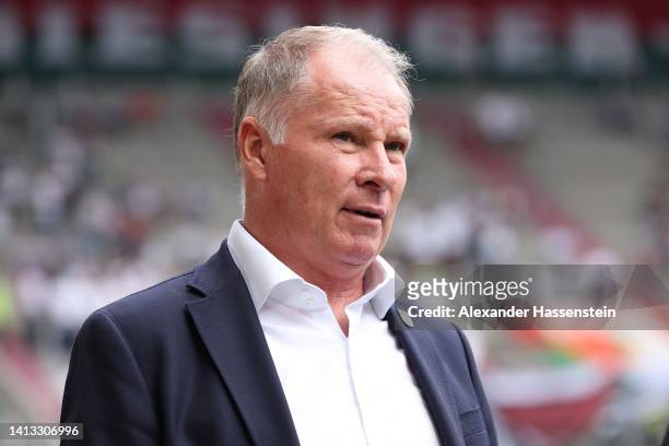 Stefan Reuter, Sporting director of Augsburg looks on prior to the Bundesliga match between FC Augsburg and Sport-Club Freiburg at WWK-Arena on...