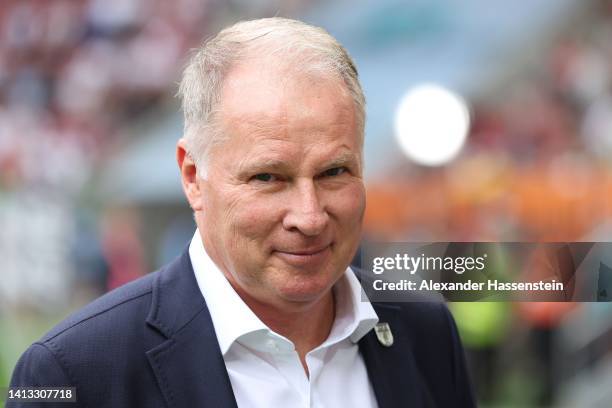 Stefan Reuter, Sporting director of Augsburg looks on prior to the Bundesliga match between FC Augsburg and Sport-Club Freiburg at WWK-Arena on...