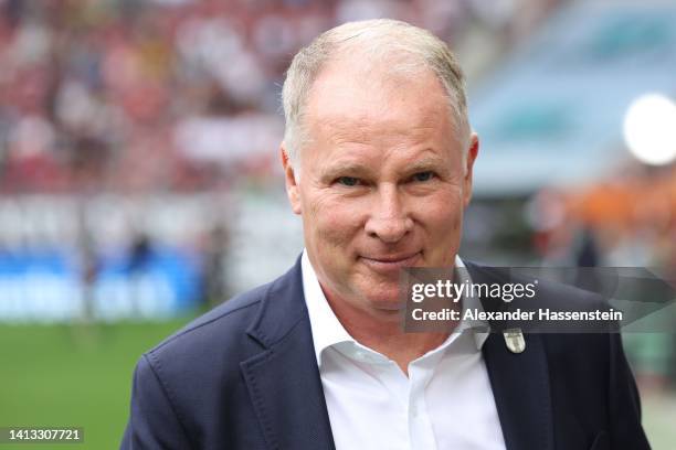 Stefan Reuter, Sporting director of Augsburg looks on prior to the Bundesliga match between FC Augsburg and Sport-Club Freiburg at WWK-Arena on...