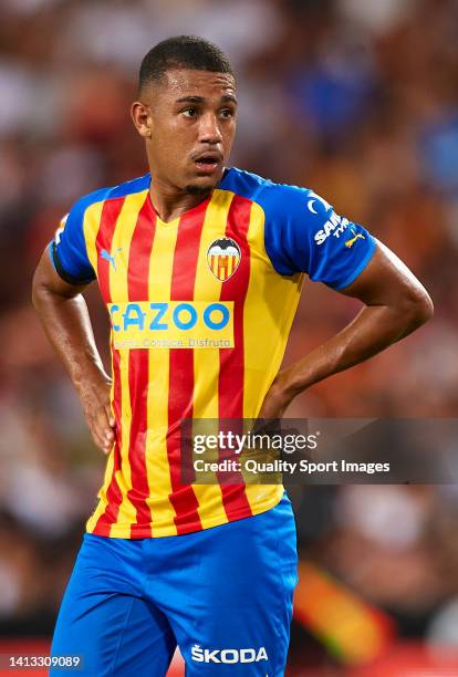 Samuel Lino of Valencia CF looks on during the 50th Edition of Trofeu Taronja match between Valencia CF and Atalanta BC at Estadi de Mestalla on...