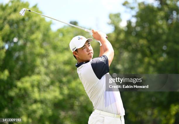 Joohyung Kim of Korea \7 during the third round of the Wyndham Championship at Sedgefield Country Club on August 06, 2022 in Greensboro, North...