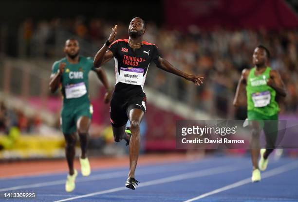 Jereem Richards of Team Trinidad and Tobago celebrates after winning the gold medal in the Men's 200m Final on day nine of the Birmingham 2022...