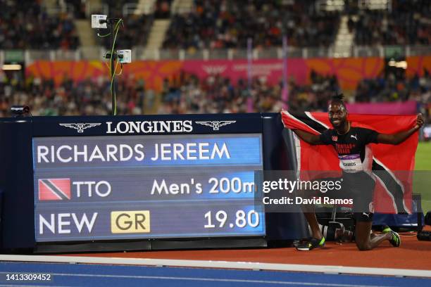 Jereem Richards of Team Trinidad and Tobago celebrates a new Games Recor after winning the gold medal in the Men's 200m Final on day nine of the...