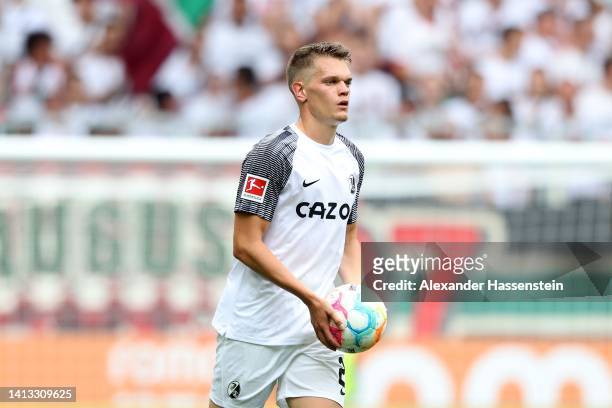 Matthias Ginter of Freiburg looks on during the Bundesliga match between FC Augsburg and Sport-Club Freiburg at WWK-Arena on August 06, 2022 in...