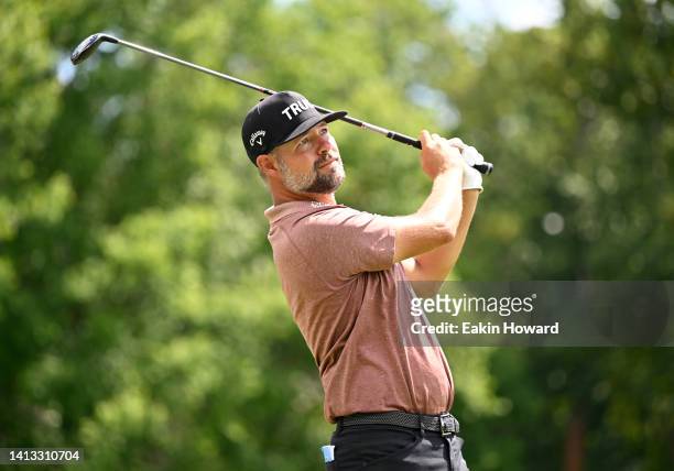 Ryan Moore of the United States plays his shot from the seventh tee during the third round of the Wyndham Championship at Sedgefield Country Club on...