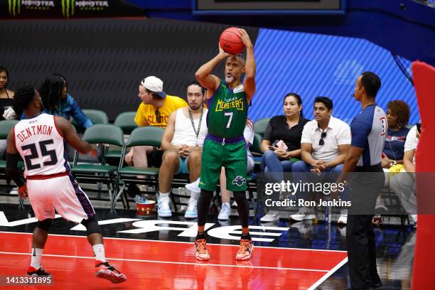 Mahmoud Abdul-Rauf of the 3 Headed Monsters shoots against Justin Dentmon of the Tri-State during BIG3 Week Eight at Comerica Center on August 06,...