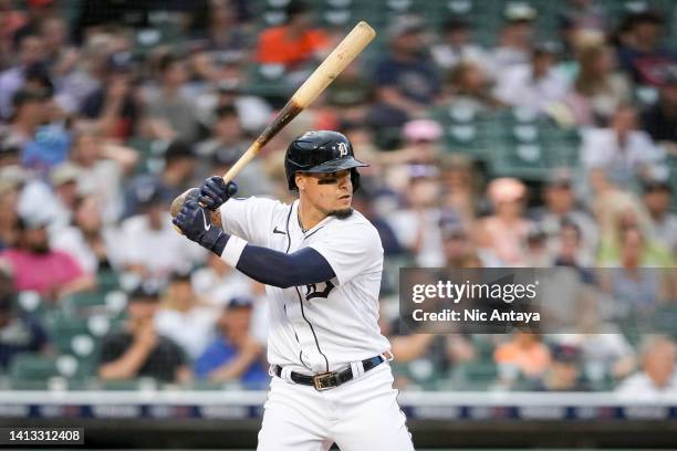 Javier Baez of the Detroit Tigers at bat against the Tampa Bay Rays at Comerica Park on August 04, 2022 in Detroit, Michigan.