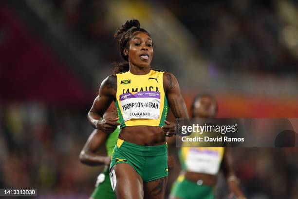 Elaine Thompson-Herah of Team Jamaica reacts after winning the gold medal in the Women's 200m Final on day nine of the Birmingham 2022 Commonwealth...