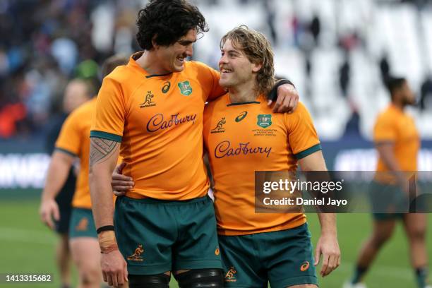 Darcy Swain and Michael Hooper of Australia smile after winning The Rugby Championship match between Argentina Pumas and Australian Wallabies at...