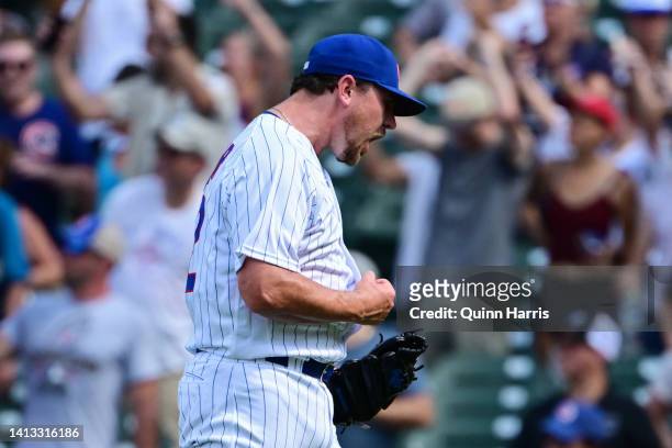 Mark Leiter Jr. #62 of the Chicago Cubs reacts after securing the 4-0 win against the Miami Marlins at Wrigley Field on August 06, 2022 in Chicago,...