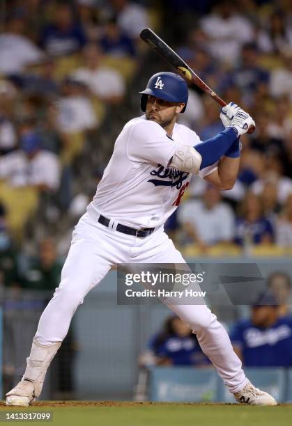 Joey Gallo of the Los Angeles Dodgers at bat during the eighth inning against the San Diego Padres at Dodger Stadium on August 05, 2022 in Los...