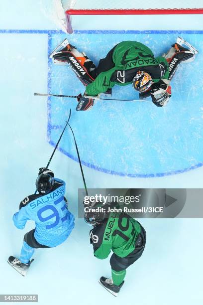 Matt Salhany of Team Trottier shoots against Connor Lacouvee of Team Murphy during 3ICE Week Eight at Bridgestone Arena on August 06, 2022 in...