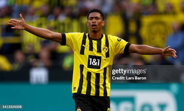 Jude Bellingham of Dortmund reacts during the Bundesliga match between Borussia Dortmund and Bayer 04 Leverkusen at Signal Iduna Park on August 06,...