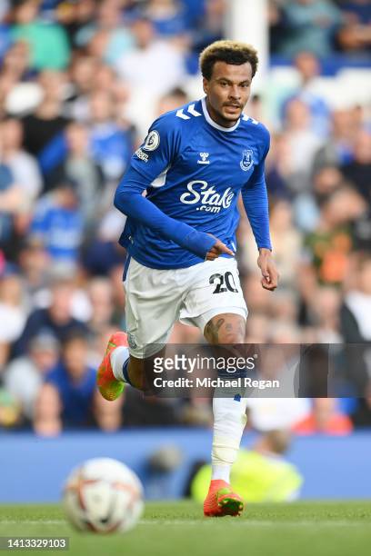 Dele Alli of Everton in action during the Premier League match between Everton FC and Chelsea FC at Goodison Park on August 06, 2022 in Liverpool,...
