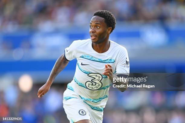 Raheem Sterling of Chelsea in action during the Premier League match between Everton FC and Chelsea FC at Goodison Park on August 06, 2022 in...