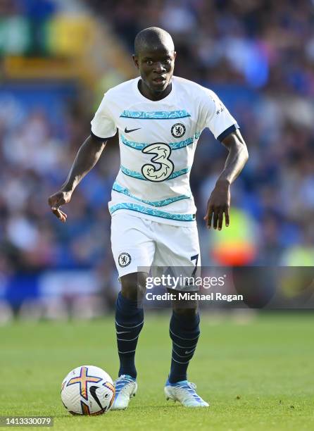 Ngolo Kante of Chelsea in action during the Premier League match between Everton FC and Chelsea FC at Goodison Park on August 06, 2022 in Liverpool,...