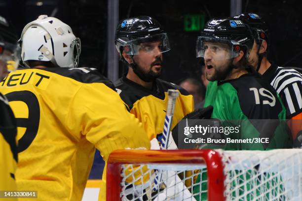 Chris Mueller of Team Murphy exchanges words with Jacob Theut of Team Mullen during 3ICE Week Eight at Bridgestone Arena on August 06, 2022 in...