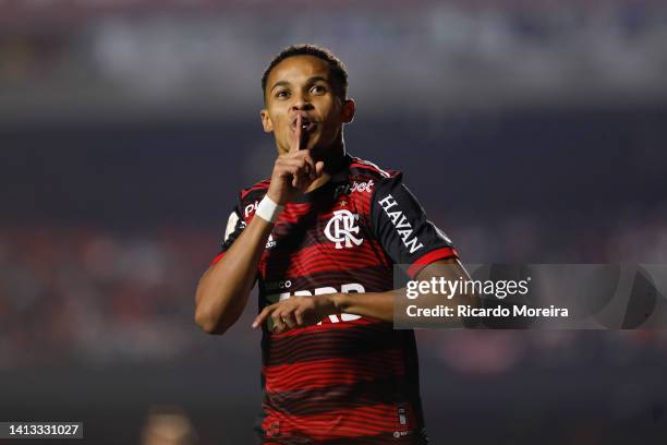 Lazaro of Flamengo celebrates after scoring the first goal of his team during the match between Sao Paulo and Flamengo as part of Brasileirao Series...