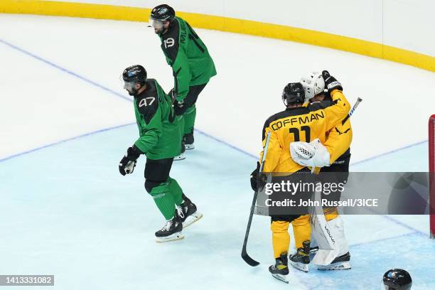 Jacob Theut celebrates with Tim Coffman of Team Mullen after defeating Team Murphy 3-1 during 3ICE Week Eight at Bridgestone Arena on August 06, 2022...