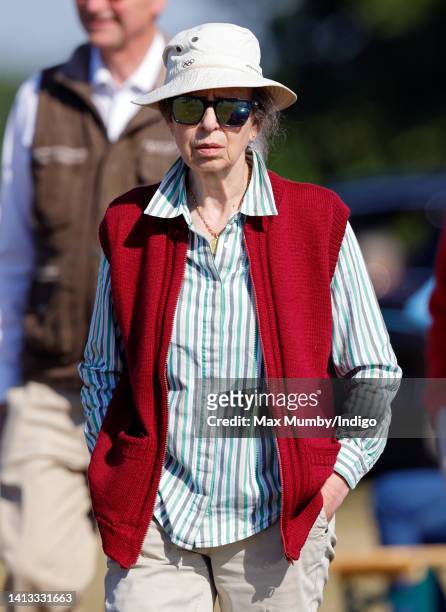 Princess Anne, Princess Royal watches daughter Zara Tindall warm up before competing in the dressage phase of the 2022 Festival of British Eventing...