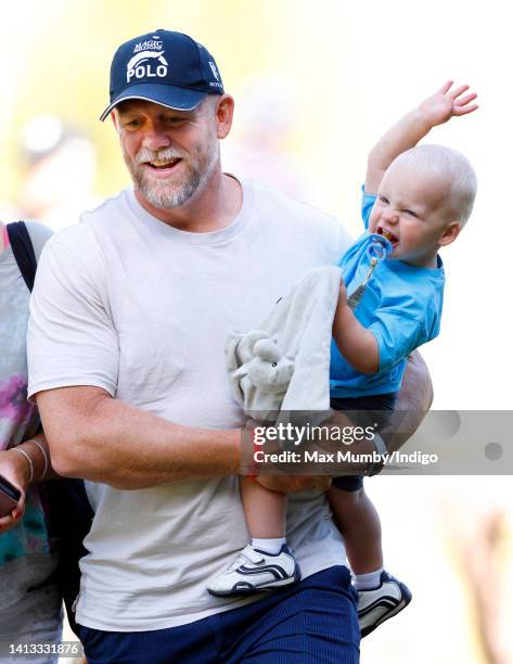 Mike Tindall and Lucas Tindall attend day 2 of the 2022 Festival of British Eventing at Gatcombe Park on August 6, 2022 in Stroud, England.