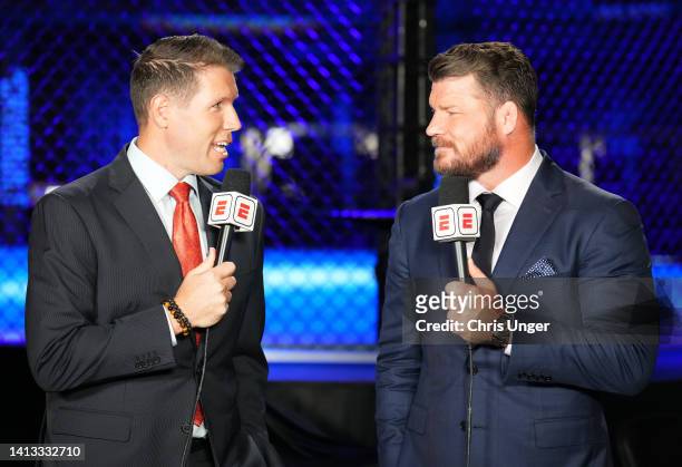 Brendan Fitzgerald and Michael Bisping anchor the broadcast during the UFC Fight Night event at UFC APEX on August 06, 2022 in Las Vegas, Nevada.