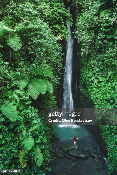 happy woman with raised up hands near beautiful leke leke waterfall in bali. aerial view from behind. - bali waterfall stock pictures, royalty-free photos & images