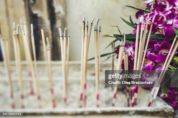 traditional flavouring incense sticks in thailand temple. thai religious culture. hope concept, praying for future. - olibanum bildbanksfoton och bilder