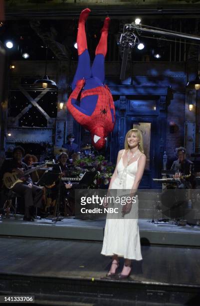 Episode 19 -- Air Date -- Pictured: Horatio Sanz as Spiderman, Kirsten Dunst during the monologue on May 11, 2002 -- Photo by: Dana Edelson/NBCU...