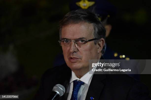 Secretary of Foreign Affairs of Mexico Marcelo Ebrard speaks after arriving at CATAM airport ahead of the presidential inauguration of Gustavo Petro...