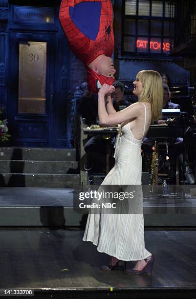 Episode 19 -- Air Date -- Pictured: Horatio Sanz as Spiderman, Kirsten Dunst during the monologue on May 11, 2002 -- Photo by: Dana Edelson/NBCU...