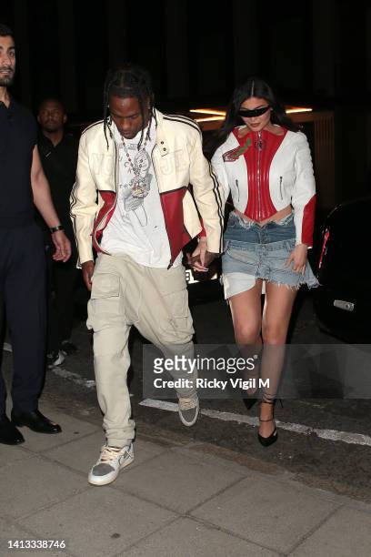 Travis Scott and Kylie Jenner are seen on a night out at The Twenty Two in Mayfair on August 06, 2022 in London, England.