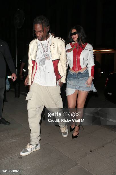 Travis Scott and Kylie Jenner are seen on a night out at The Twenty Two in Mayfair on August 06, 2022 in London, England.