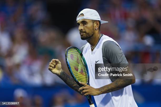 Nick Kyrgios of Australia celebrates a point against Mikael Ymer of Sweden in the Men's Semifinal during Day 8 of the Citi Open at Rock Creek Tennis...