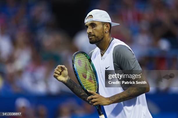 Nick Kyrgios of Australia celebrates a point against Mikael Ymer of Sweden in the Men's Semifinal during Day 8 of the Citi Open at Rock Creek Tennis...