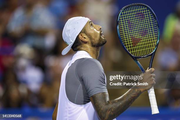 Nick Kyrgios of Australia looks skyward as he celebrates defeating Mikael Ymer of Sweden in the Men's Semifinal during Day 8 of the Citi Open at Rock...