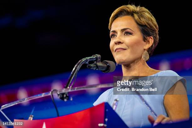 Republican nominee for Arizona governor Kari Lake speaks at the Conservative Political Action Conference CPAC at the Hilton Anatole on August 06,...