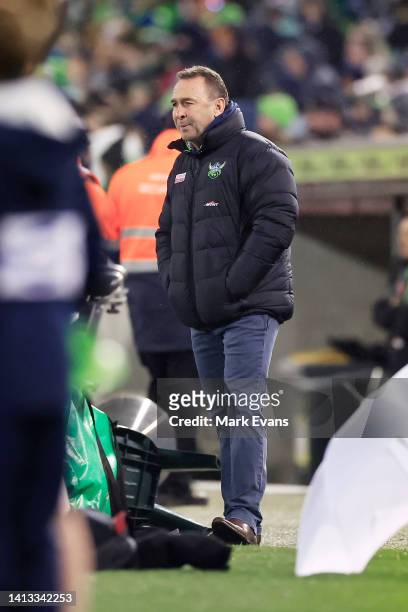Raiders coach Ricky Stuart looks on during the round 21 NRL match between the Canberra Raiders and the Penrith Panthers at GIO Stadium, on August 06...