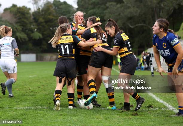 Paige Neilson of Taranaki scores a try during the round four Farah Palmer Cup match between Taranaki and Otago at New Plymouth Gully Ground, on...