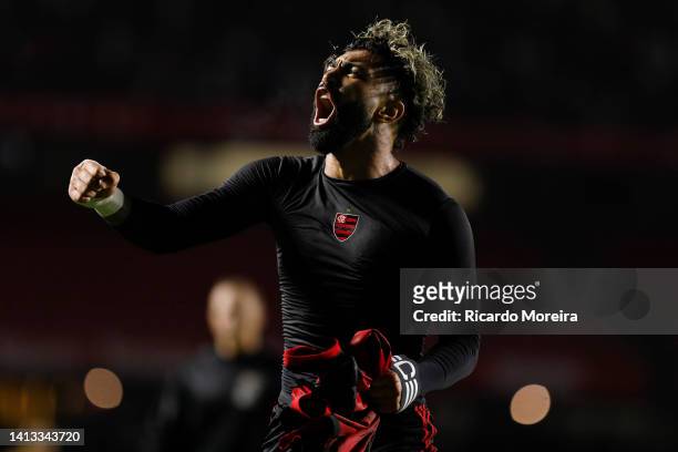 Gabriel Barbosa of Flamengo reacts after winning the match between Sao Paulo and Flamengo as part of Brasileirao Series A 2022 at Morumbi Stadium on...
