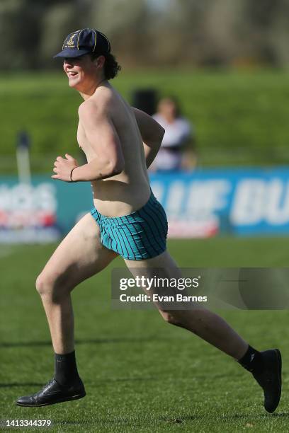 Streaker invades the pitch during the round four Farah Palmer Cup match between Tasman and North Harbour at Landsdowne Park, on August 07 in...