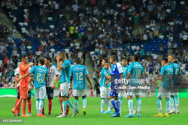 Players of Leon react after the 7th round match between Monterrey and Leon as part of the Torneo Apertura 2022 Liga MX at BBVA Stadium on August 6,...