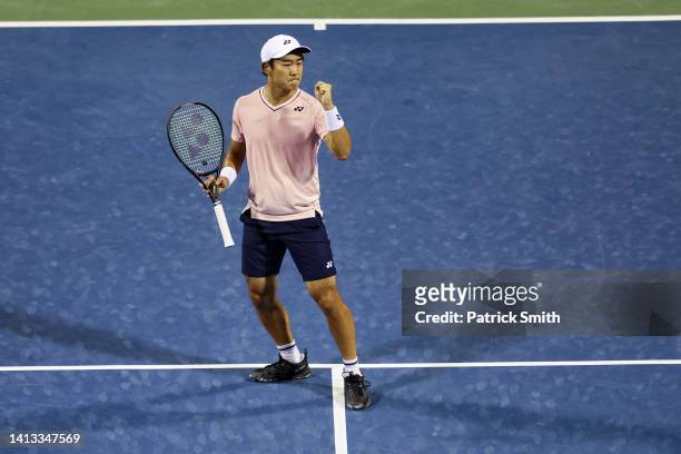 Yoshihito Nishioka of Japan celebrates a point against Andrey Rublev in the Men's Semifinal during Day 8 of the Citi Open at Rock Creek Tennis Center...