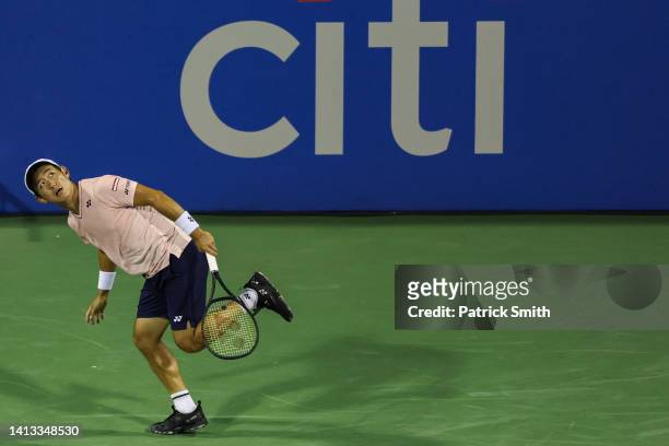 Yoshihito Nishioka of Japan returns a shot to Andrey Rublev in the Men's Semifinal during Day 8 of the Citi Open at Rock Creek Tennis Center on...