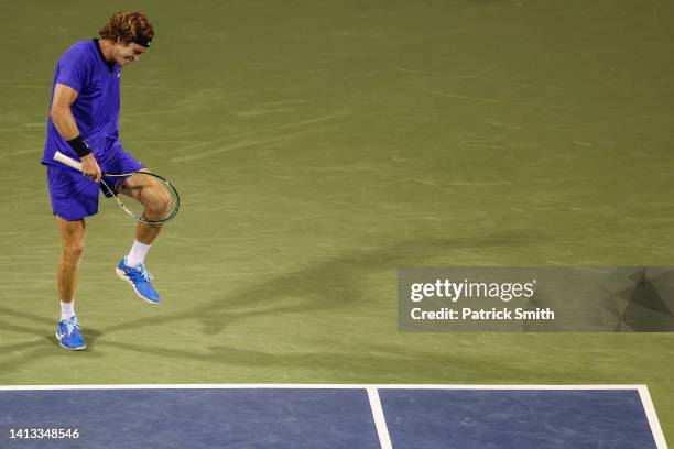 Andrey Rublev reacts in a match against Yoshihito Nishioka of Japan in the Men's Semifinal during Day 8 of the Citi Open at Rock Creek Tennis Center...