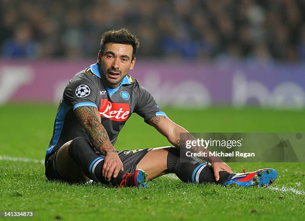 Ezequiel Lavezzi of Napoli looks despondent during the UEFA Champions League Round of 16 second leg match between Chelsea FC and SSC Napoli at...