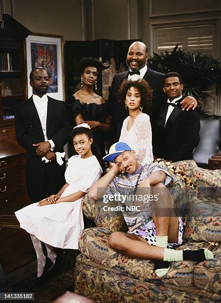 Pilot Gallery -- Pictured: Front: Joseph Marcell as Geoffrey, Janet Hubert as Vivian Banks, James Avery as Philip Banks, Karyn Parsons as Hilary...