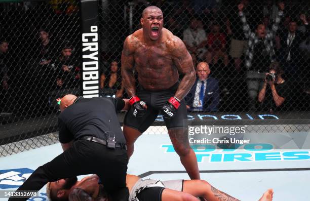 Mohammed Usman of Nigeria reacts after his knockout victory over Zac Pauga in a heavyweight fight during the UFC Fight Night event at UFC APEX on...